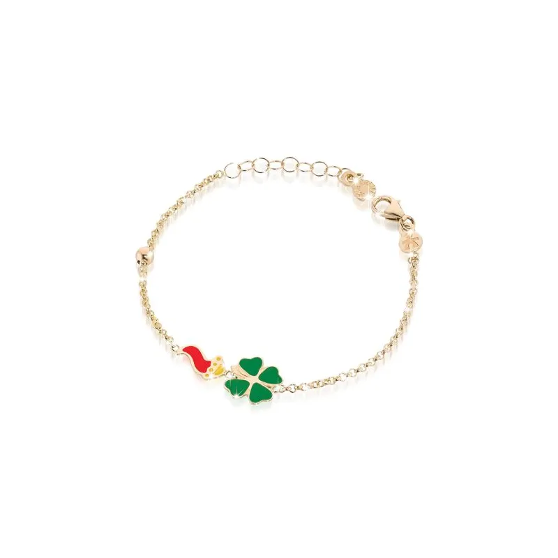 Bracciale in Oro Giallo con Cornetto e Quadrifoglio Le Bebe' Bracciale in Oro Giallo con Cornetto e Quadrifoglio Le Bebe'