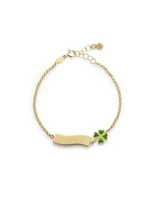 Bracciale Fortuna in Oro Giallo con Quadrifoglio e Targhetta Le Bebe'