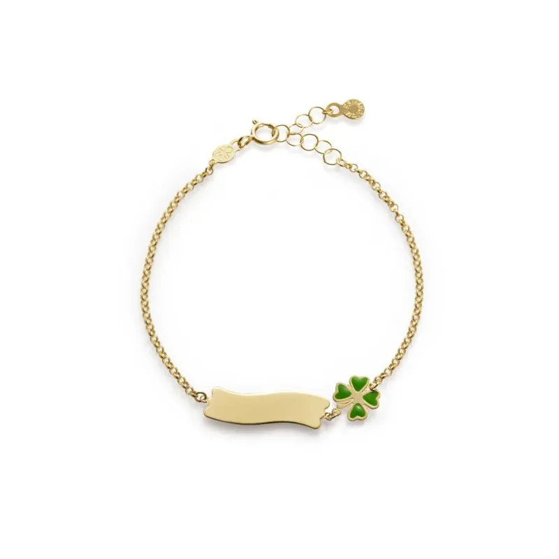 Bracciale Fortuna in Oro Giallo con Quadrifoglio e Targhetta Le Bebe' Bracciale Fortuna in Oro Giallo con Quadrifoglio e Targhetta Le Bebe'