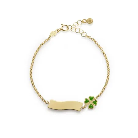 Bracciale Fortuna in Oro Giallo con Quadrifoglio e Targhetta Le Bebe'