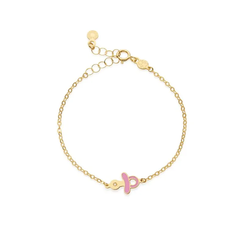 Bracciale Lucciole in Oro Giallo con Ciuccio Rosa e Diamante Le Bebe' Bracciale Lucciole in Oro Giallo con Ciuccio Rosa e Diamante Le Bebe'