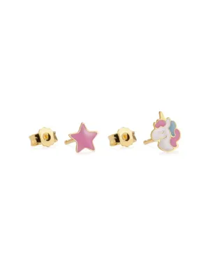 Orecchini Toys in Oro Giallo con Unicorno e Stella Le Bebe'