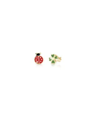Orecchini Fortuna in Oro Giallo Coccinella e Quadrifoglio Le Bebe'