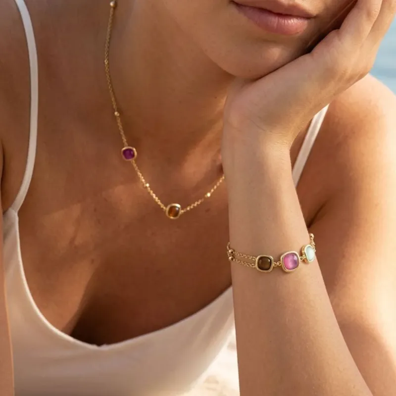 Bracciale Dorato Dune Doppia Catena e Pietre Colorate Donna Amen Bracciale Dorato Dune Doppia Catena e Pietre Colorate Donna Amen