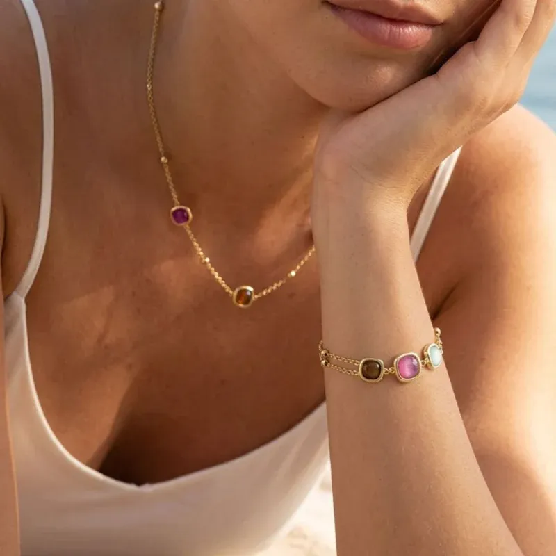 Collana Dune in Ottone Dorato con Pietre Colorate Donna Amen Collana Dune in Ottone Dorato con Pietre Colorate Donna Amen