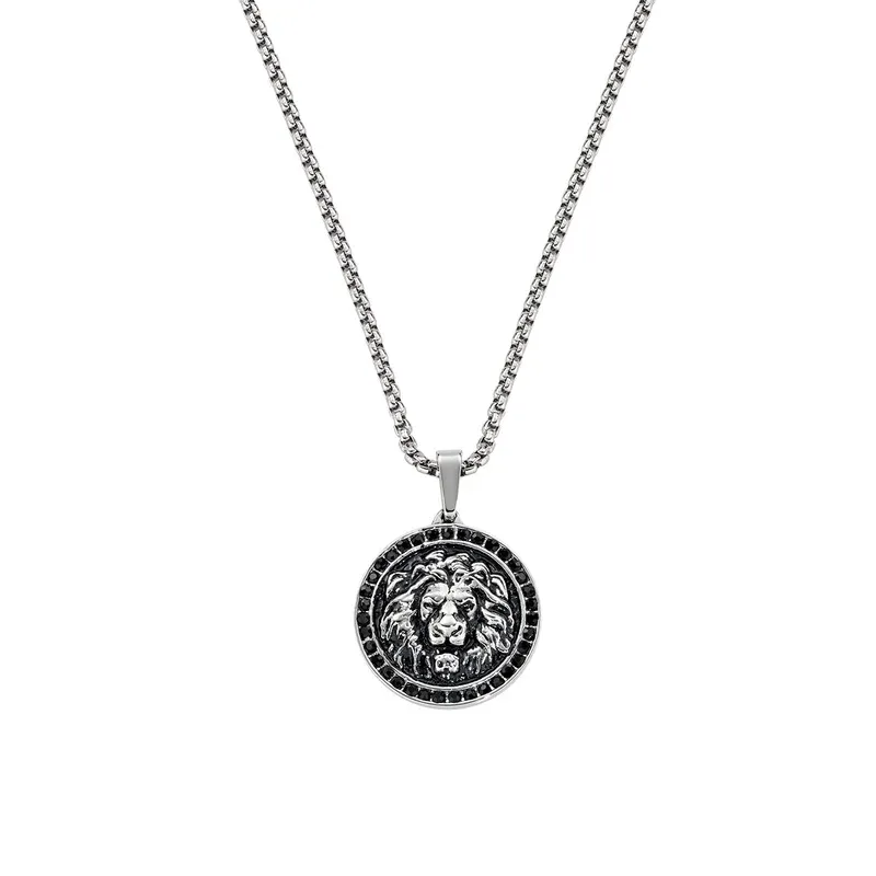 Collana Acciaio Medaglia Leone con Zirconi Neri Uomo Amen
