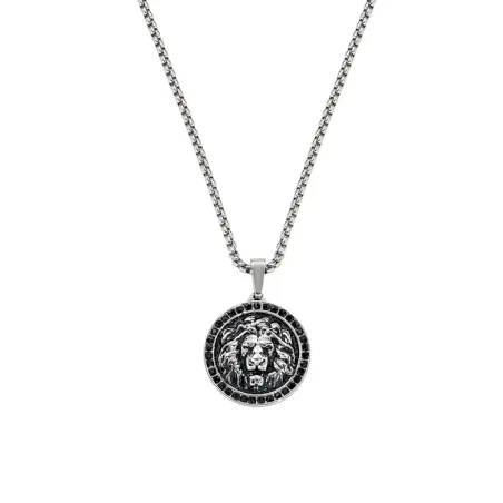 Collana Acciaio Medaglia Leone con Zirconi Neri Uomo Amen