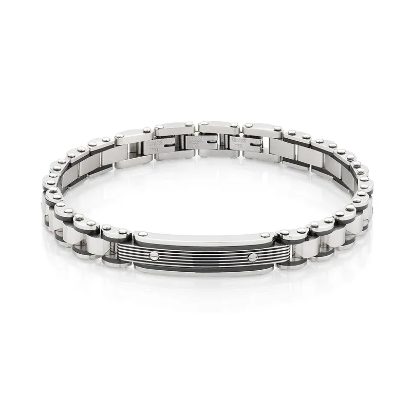 Bracciale Catena in Acciaio con Dettagli Neri Uomo Amen Bracciale Catena in Acciaio con Dettagli Neri Uomo Amen