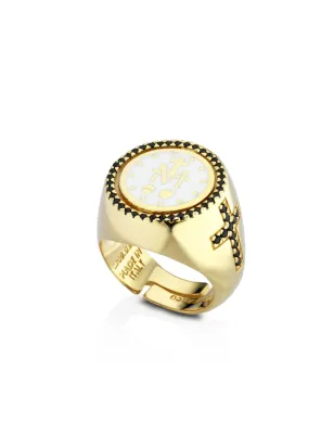 Anello sigillo dorato con zirconi neri Donna Mediterraneo 