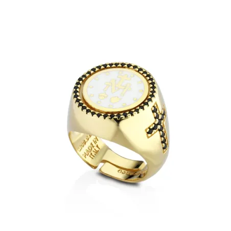 Anello sigillo dorato con zirconi neri Donna Mediterraneo 