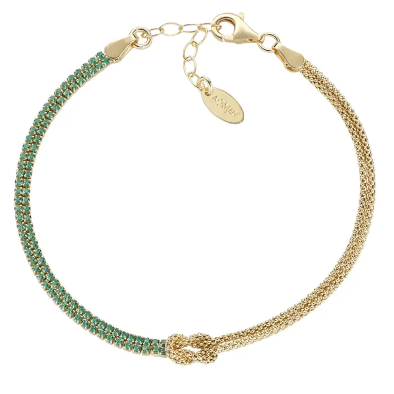 Bracciale Nodo d'Amore dorato con zirconi verdi Donna Amen