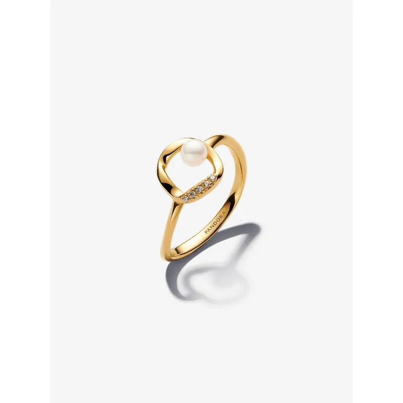 Anello dorato Cerchio Linea Sinuosa perla e pavé Donna Pandora