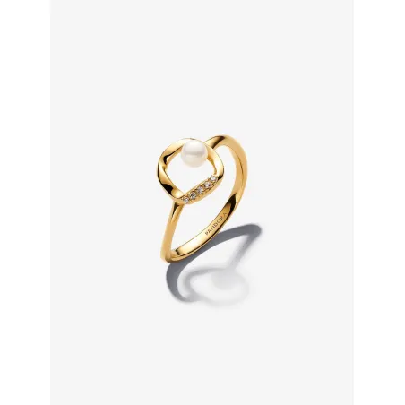 Anello dorato Cerchio Linea Sinuosa perla e pavé Donna Pandora