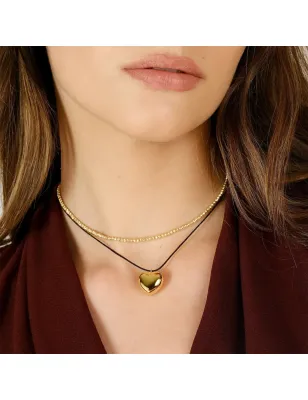 Collana Mio Cuore dorata con cordino nero Donna Amen