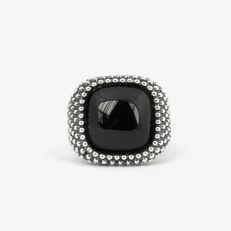 Anello Chevalier Quadrato Puntinato Agata Nera M21 Nove25