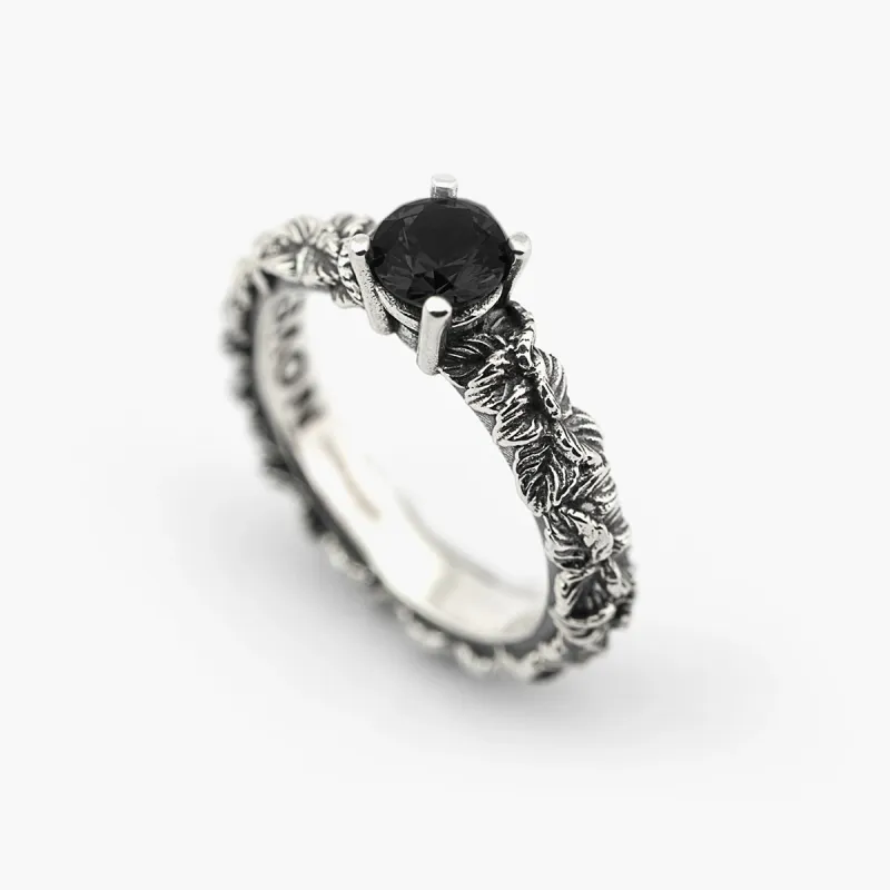 Anello Fedina Foglie Solitario Zirconia Cubica Nera M14 Nove25 Anello Fedina Foglie Solitario Zirconia Cubica Nera M14 Nove25