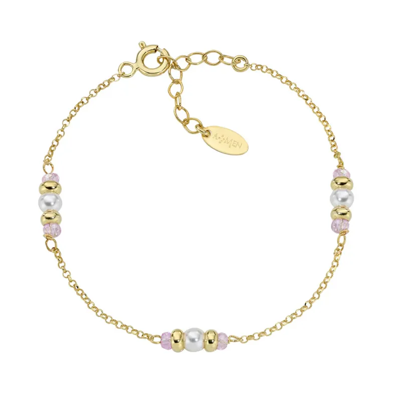 Bracciale dorato Rainbow Cristalli Rosa e Perle Donna Amen