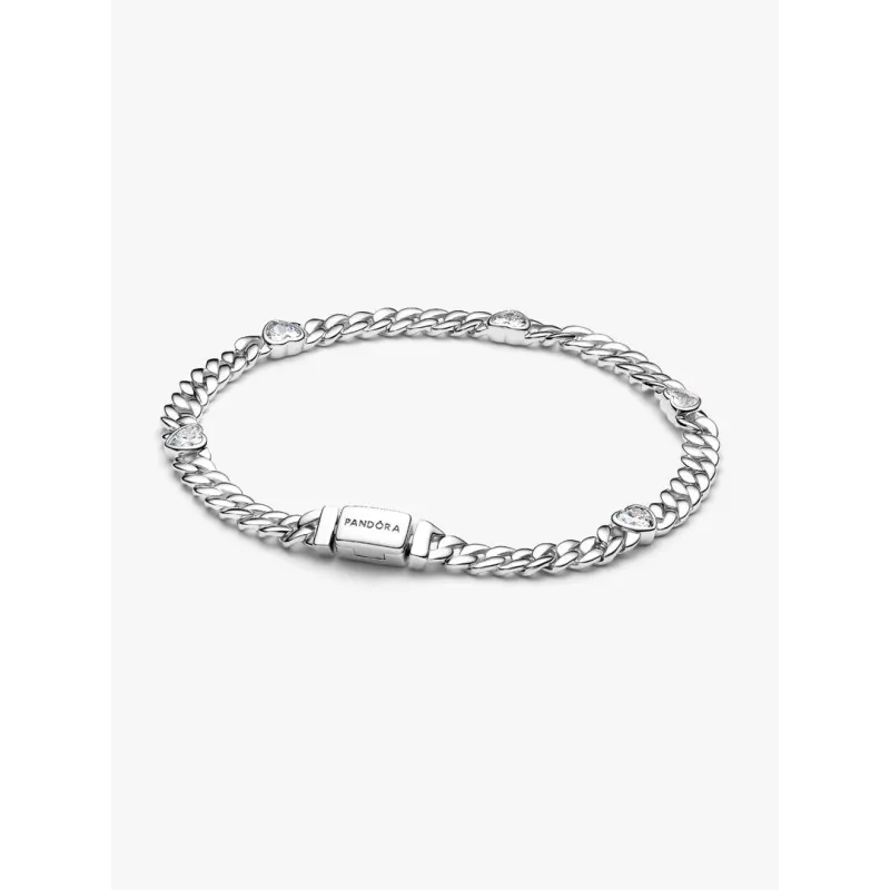 Bracciale Catena Maglia Cubana con Cuori cm.20 Donna Pandora