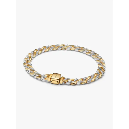Bracciale Catena Maglia Cubana Bicolore con Pavè cm.18 Pandora