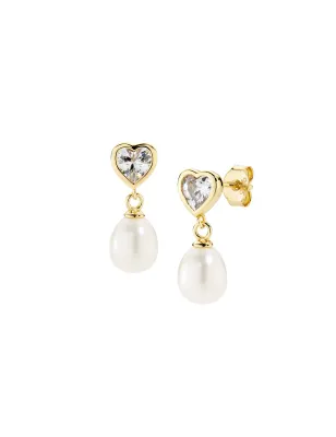 Orecchini Cuore con Perla e Zirconi Dorati Donna Amen
