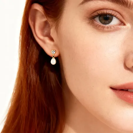 Orecchini Cuore con Perla e Zirconi Dorati Donna Amen