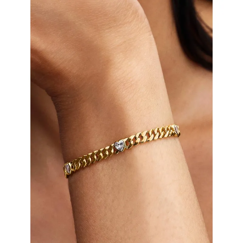 Bracciale dorato catena Maglia Cubana con cuori cm.18 Donna Pandora