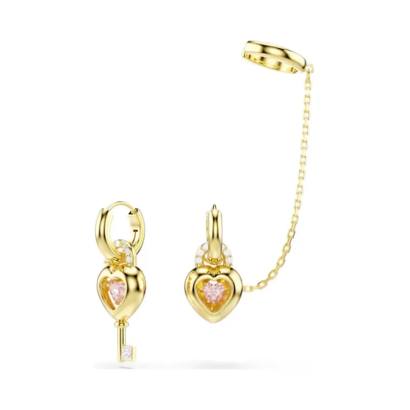 Orecchini Pendenti con Ear Cuff, Cuore con Chiave Rosa Swarovski