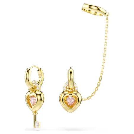 Orecchini Pendenti con Ear Cuff, Cuore con Chiave Rosa Swarovski