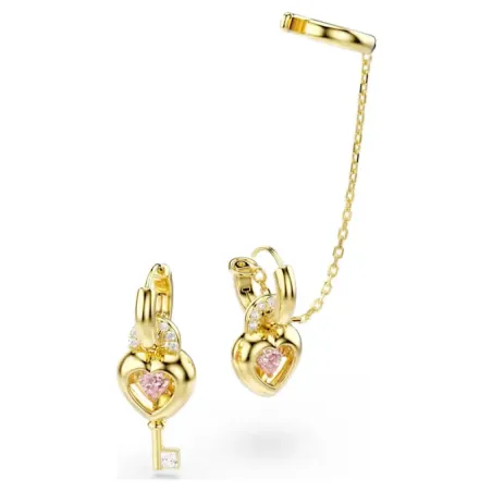 Orecchini Pendenti con Ear Cuff, Cuore con Chiave Rosa Swarovski