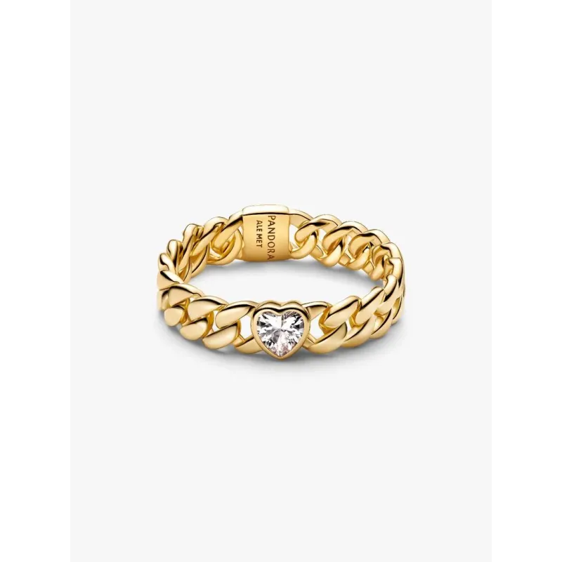 Anello dorato Catena Maglia Cubana con Cuore mis.52 Donna Pandora