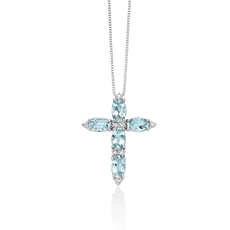 Collana pendente croce acquemarine diamanti Donna Miluna