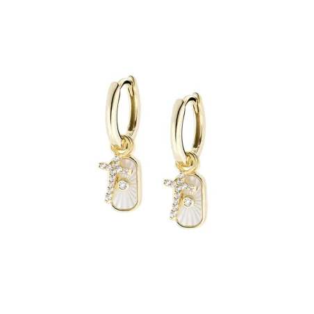 Orecchini Ottone Placcato Oro 18k Charm Madreperla e Croce Amen