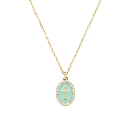 Collana in Ottone Placcato Oro 18k Medaglia Verde Mare Amen