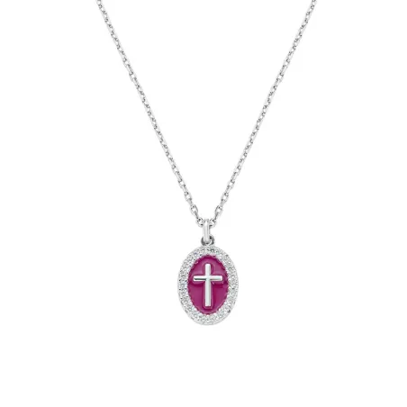 Collana in Ottone Rodiato Croce su Medaglia Bordeaux Amen