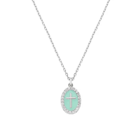Collana in Ottone Rodiato Croce su Medaglia Verde Mare Amen