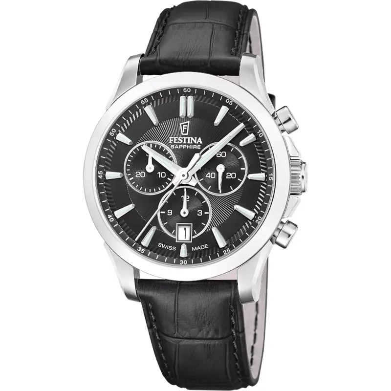 Orologio Swiss Made Chrono nero pelle F20094/5 Uomo Festina Orologio Swiss Made Chrono nero pelle F20094/5 Uomo Festina