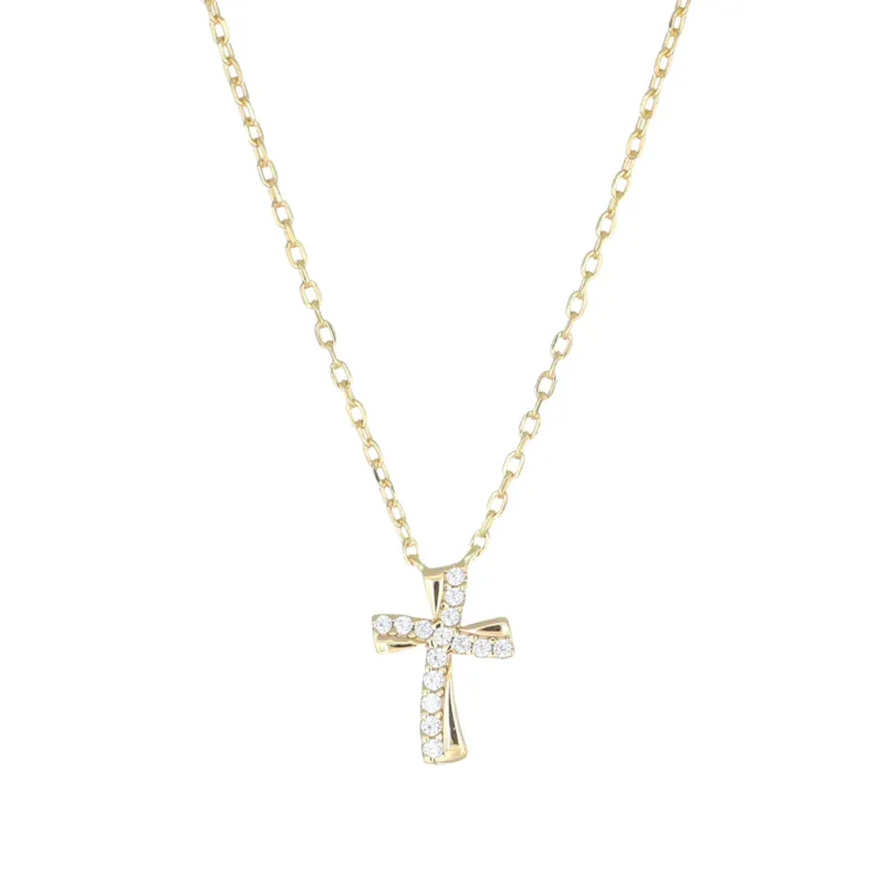 Collana Dorata Croce Ondulata con Zirconi Bianchi Donna Amen