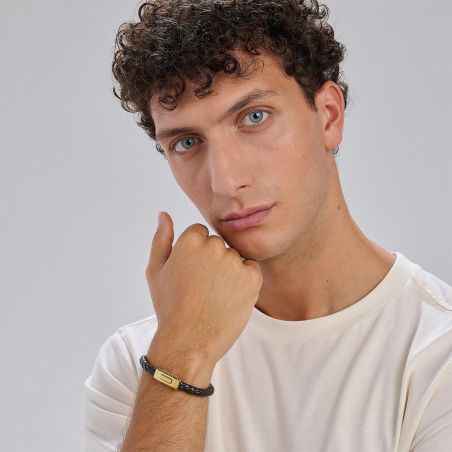 BRACCIALE PELLE MARRONE PVD ORO LOGAN UOMO BROSWAY 